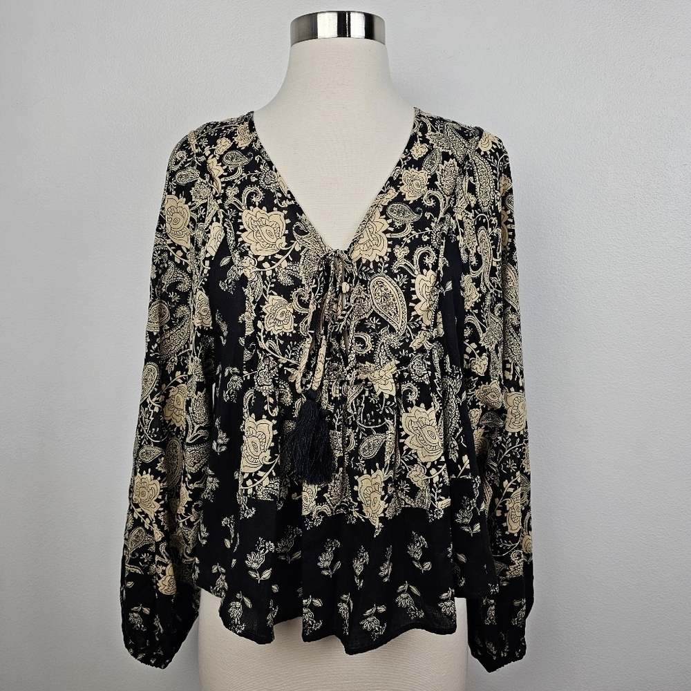 Muse Cropped Babydoll Balloon Sleeve Tassel Tie-Front Floral Paisley Shirt NWT